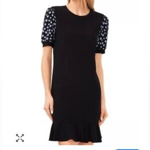 CeCe Women's Floral Mixed Media Short Sleeve Dress size M Black ruffle bottom